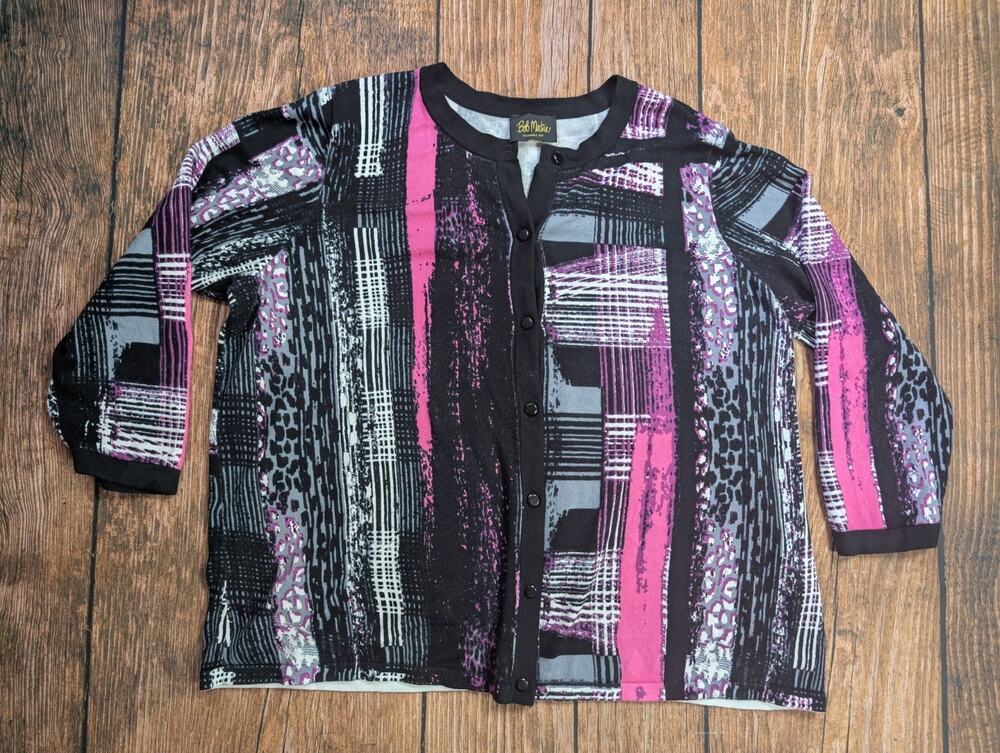 Bob Mackie Wearable Art Cardigan Sweater Size 1X/2X Women's Button Front Pink
